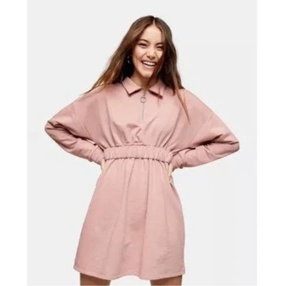 Topshop zip collared waist mini dress in blush size 10